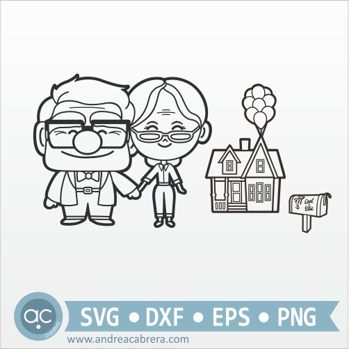 Ilustración lineal Carl y Ellie con su casa y su buzón