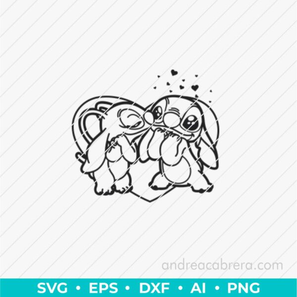 Stitch y su novia Angel muy enamorados Vector SVG monocromático, lineal