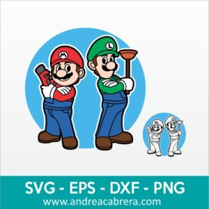 Vector Super Mario Bros y Luigi parados con herramientas de plomería en mano posando. De fondo un círculo azul grande
