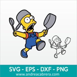 Vector Bart Simpson haciendo escándalo con los sartenes. Dibujo vectorizado en colores y a una sola tinta.