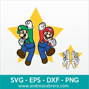 Vector Mario Bros y Luigi Saltando, de fondo una estrella amarilla grande. Dibujo vectorizado en colores.