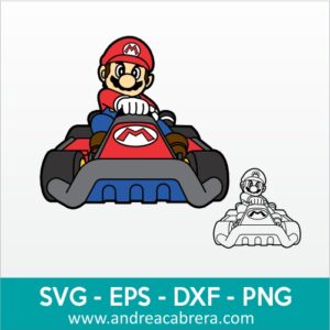 Vector Mario Bros conduciendo carro de carreras. Conocido también como Mario kart. Diseño vectorizado en colores y en color negro estilo lineal.
