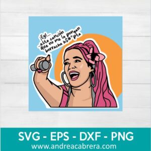 Vector Karol G cantando una frase de la canción amargura, aparece con cabello rosado. Dubujo vectorizado en colores tonos pastel.