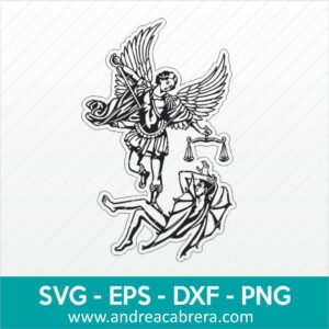 Vector San Miguel Arcángel expulsando a Lucifer. Dibujo en color negro tipo silueta con detalles internos.