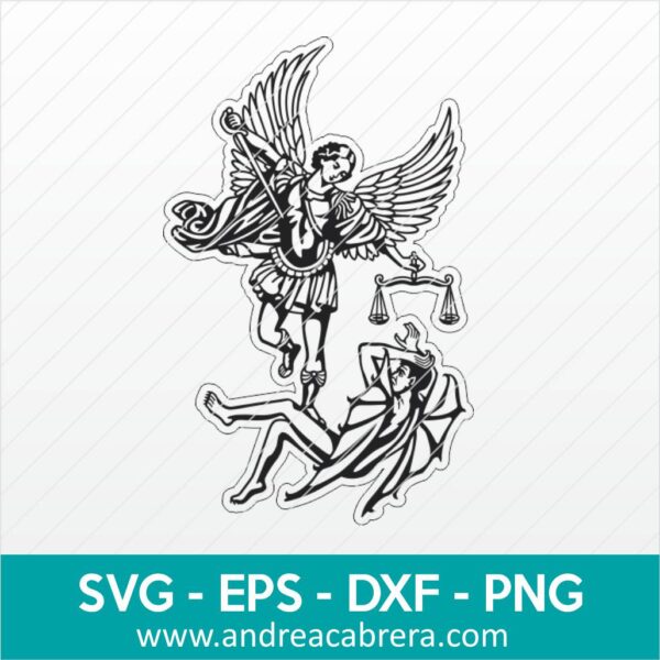 Vector San Miguel Arcángel expulsando a Lucifer. Dibujo en color negro tipo silueta con detalles internos.