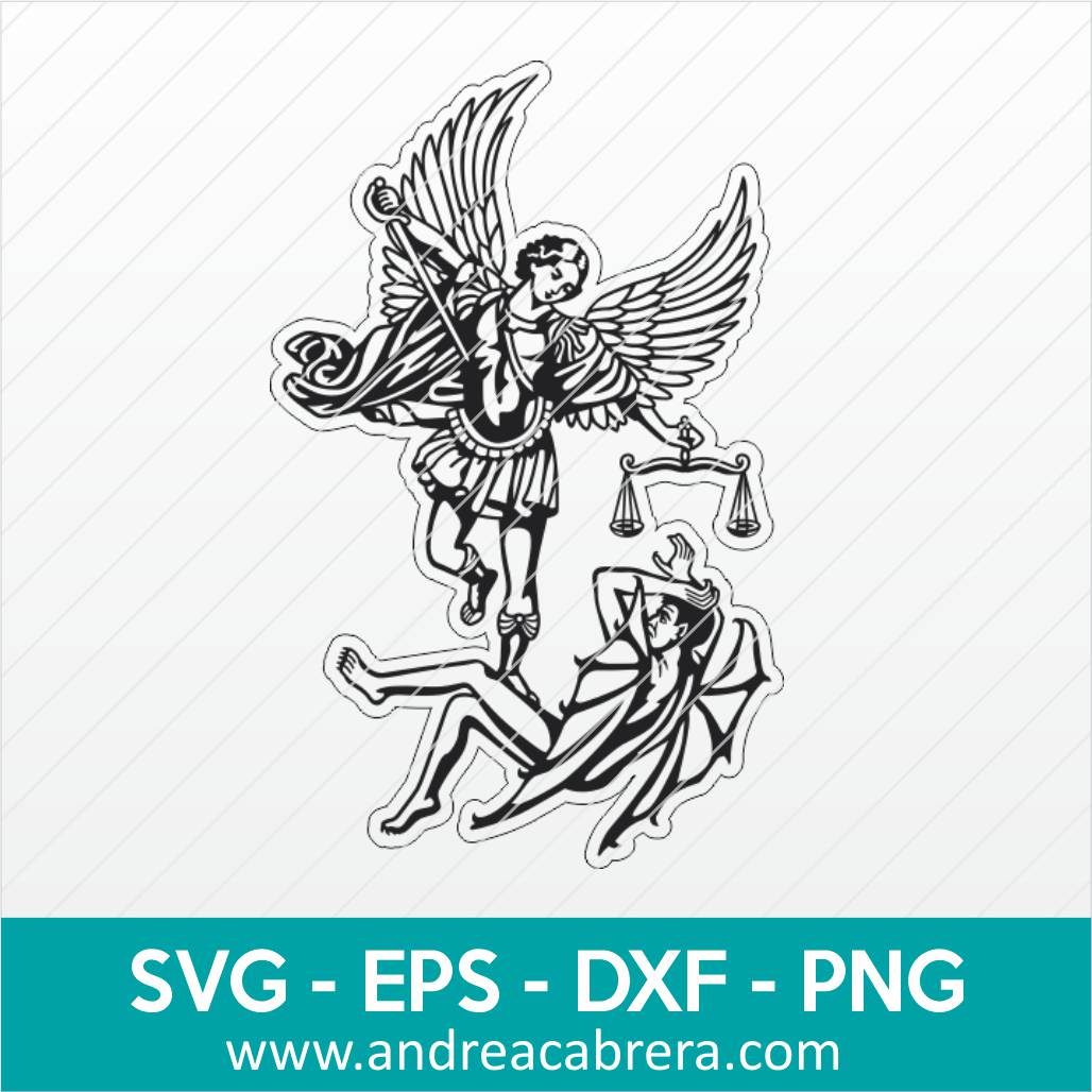 Vector San Miguel Arcángel expulsando a Lucifer. Dibujo en color negro tipo silueta con detalles internos.