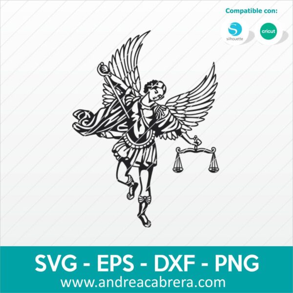 Vector San Miguel Arcángel patrono protector. Dibujo en color negro tipo silueta con detalles internos.