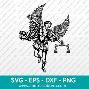 Vector San Miguel Arcángel patrono protector. Dibujo vectorizado en color negro tipo silueta con detalles internos.