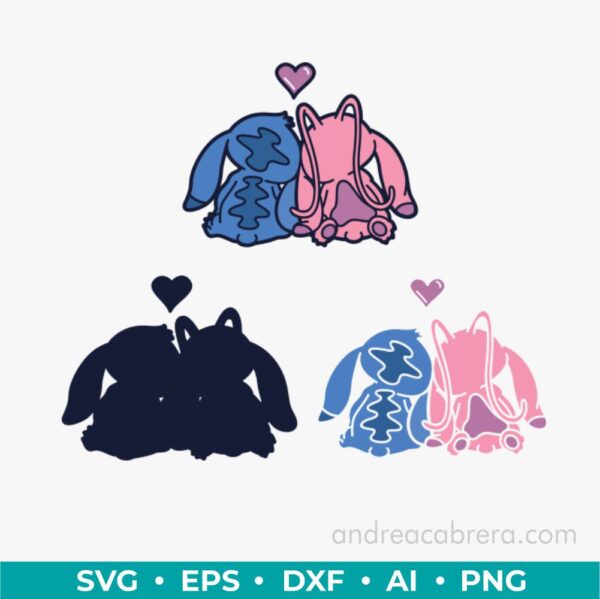 Stitch y Angel sentados de espaldas tierna escena Vector SVG a color, diseño por capas