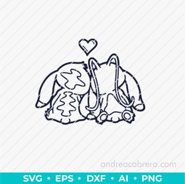 Stitch y Angel sentados de espaldas tierna escena Vector SVG monocromático, lineal