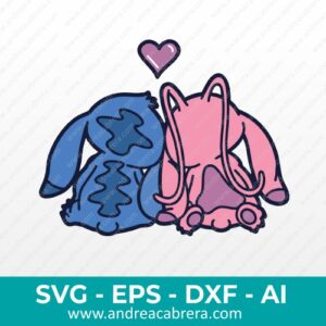 Vector Stich y Angel sentados dando la espalda recostados el uno sobre el otro muy tiernos y enamorados . Dibujo vectorizado en colores.