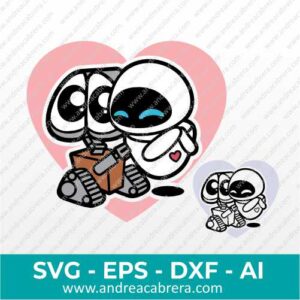 Vector Wall-e y Eva abrazados muy tiernos y enamorados con un corazón rosado como fondo. Dibujo vectorizado en colores y también en negro tipo silueta con detalles internos.