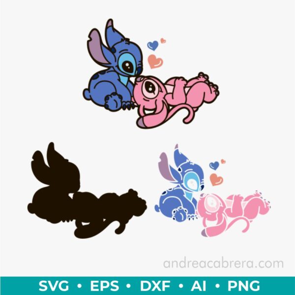 Stitch y Angel rozando narices Vector SVG a color, diseño por capas