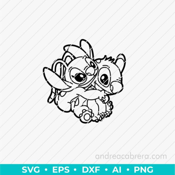 Angel abrazando a Stitch por la espalda Vector SVG monocromático, lineal