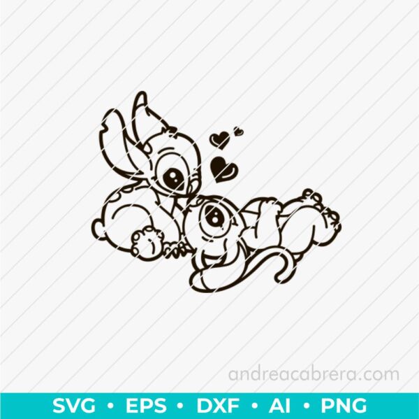 Stitch y Angel rozando narices Vector SVG monocromático, lineal