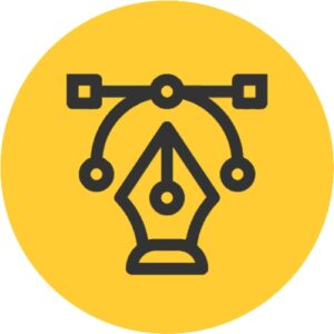Icono circular amarillo que contiene la punta de una pluma para escribir y de un vector.