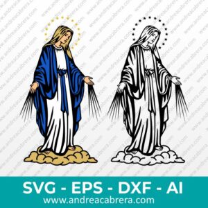 Vector Virgen de Gracia posada sobre una nube o también llamada Nuestra Señora de La Gracia. Dibujos vectorizados a color y también a negro tipo silueta con detalles internos.