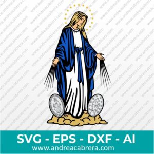 Vector Virgen de Gracia con Medalla Milagrosa al lado de sus pies. Dibujo vectorizado a color.