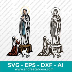 Vector Virgen Nuestra señora de Lourdes apareciendo a la niña Bernadette en la gruta. La niña está arrodillada alzando sus plegarias hacia la virgen. Dibujos vectorizados a color y también en negro tipo silueta con detalles internos.
