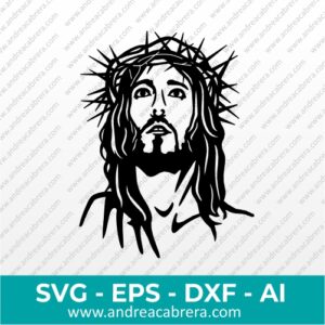 Vector rostro de Jesús de Nazareth con corona de espinas y mirando hacia el cielo. Dibujo vectorizado en color oscuro tipo silueta con detalles internos.