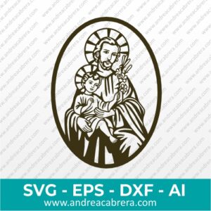 Vector de San José sosteniendo al niño Jesús en sus brazos, dentro de un marco ovalado. Dibujo vectorizado en color oscuro tipo silueta con detalles internos.
