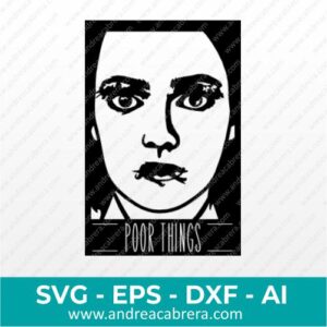 Vector poster película Poor Things con rostro de Bella Baxter en primer plano, dibujo vectorizado en color negro tipo silueta con detalles internos.