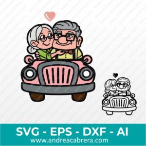 Vector de Carl y Ellie viejitos dentro de su carro muy enamorados, abrazados y mirándose dulcemente. Dibujo vectorizado a color y también en negro tipo silueta con detalles internos.