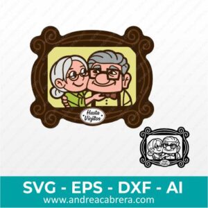 Vector de Carl y Ellie viejitos en foto enmarcada, abrazados y mirándose tiernamente. Dibujo vectorizado a color y también en negro tipo silueta con detalles internos.
