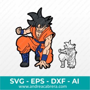 Vector de Goku adulto agachado y mirando serio. Dibujo vectorizado a color y también en negro tipo silueta con detalles internos.