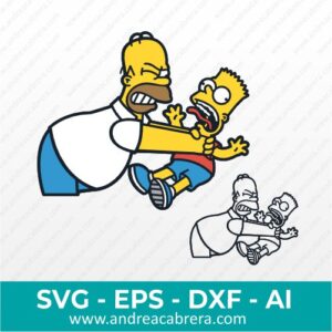Vector Homero estrangulando a Bart. Dibujo vectorizado a color y también en negro tipo silueta con detalles internos.