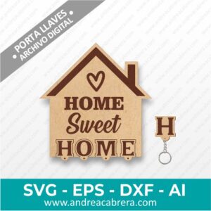 vector porta llaves en forma de casa con texto que dice "home sweet home", con cuatro llaveros que cuelgan y cada uno lleva una letra que compone la palabra HOME.