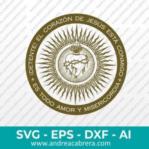 Vector simbolo sagrado corazón de Jesús en forma circular con frase Detente el corazón de Jesús está conmigo, es todo amor y misericordia. Vectorizado en color dorado