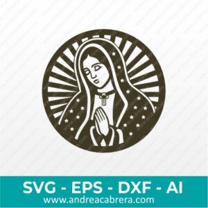 Vector de la Virgen de Guadalupe a medio cuerpo en un marco redondo. Vectorizado en color café oscuro.