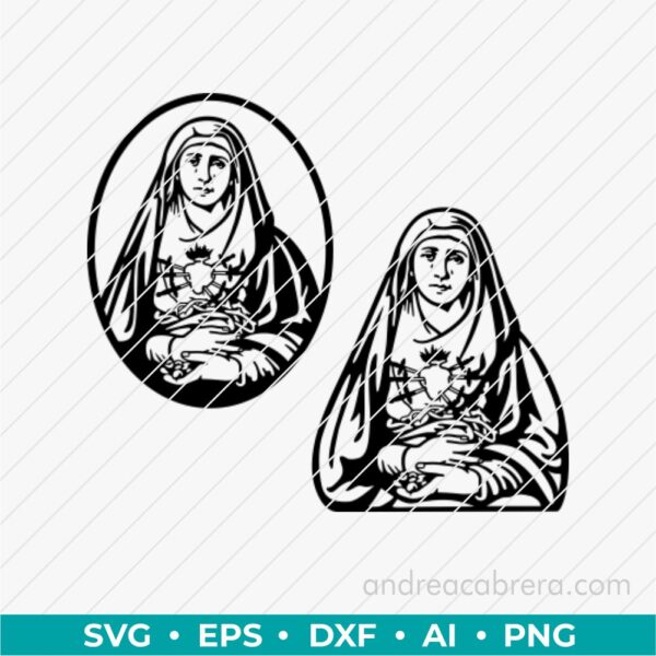Diseño digital de Nuestra señora de los dolores vector SVG  listo para grabado láser o impresión. Descarga inmediata en varios formatos.