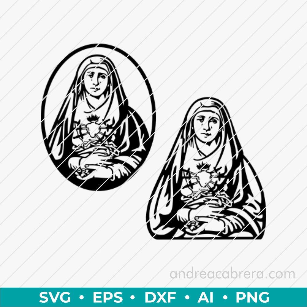 Diseño digital de Nuestra señora de los dolores vector SVG listo para grabado láser o impresión. Descarga inmediata en varios formatos.