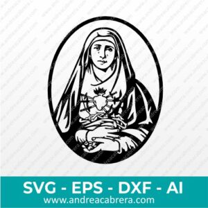 Vector nuestra señora de los dolores o también llamada virgen dolorosa. Vector a medio cuerpo donde la virgen tiene expresión de dolor y llora y agarra en sus manos la corona de espinas y en el centro de su pecho aparece el sagrado corazón atravesado por puñales. Ilustración amedio cuerpo encerrado en un óvalo, todo en color negro.