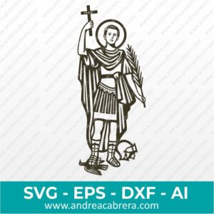 Vector de San Expedito, santo de las causas justas y urgentes. Vector de cuerpo entero de San Expedito sosteniendo en su mano derecha la cruz y en su mano izquierda una rama, pisa con su pie derecho un cuervo y al lado izquierdo en el piso aparece su casco protector. Vector tip silueta con detalles internos en color oscuro.