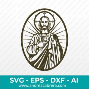 Vector de San Judas Tadeo. San Judas a mitad de cuerpo encerrado en un óvalo. San Judas sostiene un palo en su mano izquierda y en la mano derecha sostiene la medalla de cristo inclinada a su pecho. Del contorno de su cuerpo salen destellos. Vectorizado en color oscuro, en silueta con detalles internos.