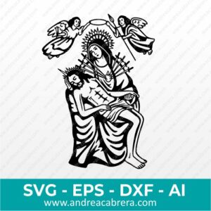 Vector Virgen de Bojacá o Nuestra señora de la salud comos e le conoce. Aparece la virgen cargando el cuerpo de Jesús fallecido en sus brazos. En la parte superior aparecen dos ángeles sosteniendo un alo de luz sobre la virgen. Vector en color negro, tipo silueta con detalles internos.