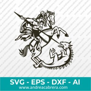 Vector de San Jorge. San Jorge está sobre su caballo en movimiento y ataca con su lanza un dragón tendido en el suelo. Dibujo vectorial en color negro, dibujo vectorial en silueta con detalles internos.