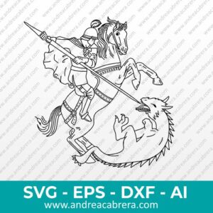 Vector lineal de San Jorge. San Jorge está sobre su caballo en movimiento y ataca con su lanza un dragón tendido en el suelo. Dibujo vectorial en color negro, dibujo vectorial en lineas.