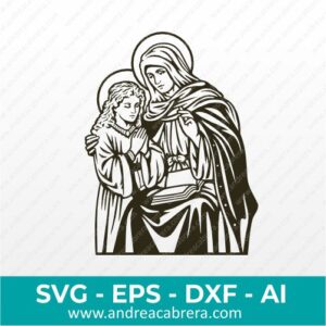 Vector Santa Ana Madre de María. Aparece Santa Ana abrazando con su brazo derecho a María de niña quien está juntando sus manos haciendo oración. Vector en color oscuro, estilo silueta con detalles internos.