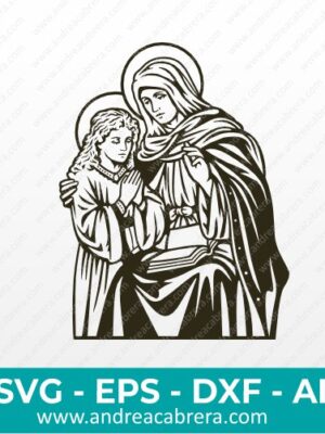 Vector Santa Ana Madre de María. Aparece Santa Ana abrazando con su brazo derecho a María de niña quien está juntando sus manos haciendo oración. Vector en color oscuro, estilo silueta con detalles internos.