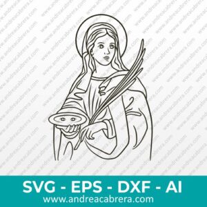 Vector Santa Lucia o Lucia de Siracusa su nombre de pila. Vector de Santa Lucia sosteniendo un plato con sus ojos y con su otra mano una rama. Vector dibujo en líneas con detalles internos, en color oscuro.