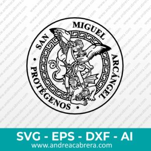 Vector Medalla San Miguel Arcángel. San Miguel pisoteando al demonio. Medalla en forma circular, con la frase "San Miguel Arcángel Protector" alrededor. Vector estilo silueta con detalles internos en color negro.