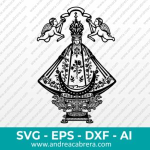 Vector de nuestra señora de san juan de los lagos a cuerpo completo, con dos ángeles sobre ella. Vector en silueta color negro con detalles internos.