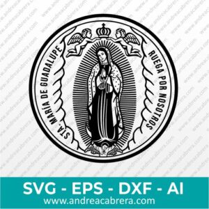 Vector de la medalla de Nuestra señora de Guadalupe, en formato circular. La virgen en cuerpo completo ubicada en el centro de la medalla y en la parte superior hay dos ángeles alzando una corona sobre su cabeza. La medalla tiene la inscripción "Sta. María de Guadalupe Ruega por nosotros" en su contorno. Vector tipo silueta con detalles internos en color negro.