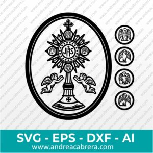 Vector medalla santísimo sacramento en forma de óvalo con símbolos animales de los cuatro evangelistas en cada extremo de la custodia. A cada lado de la custodia un ángel alabando flotando. Los cuatro símbolos evangelistas se ubican por separado al lado derecho de la medalla. Vector en silueta con detalles internos en color negro.