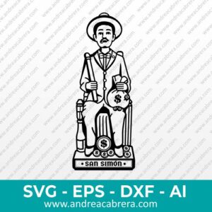 Ilustración line art de San Simón (Maximón), santo guatemalteco sentado con sombrero, bolsa de dinero y fumando. Formato descargable en vector SVG, PNG y más."