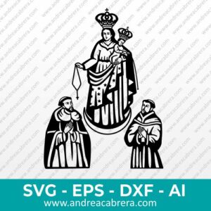 Vector religioso de la Virgen de Las Lajas con Santo Domingo y San Francisco de Asis en formato SVG DXF EPS AI PNG JPG monocromático.